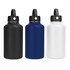 A drink bottle set featuring a black, navy blue, and white vacuum bottle with a rotating carry handle lid.