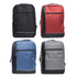 A collection of Axis Backpacks in black, red, blue, and grey, featuring a logo and zippered compartments.