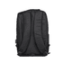 A black backpack with padded straps and a sleek design, featuring a logo on the exterior.