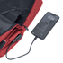 A red backpack with a charging port connected to a smartphone. It features a built-in power bank and a logo.