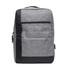 A grey and black backpack with a sleek design and a front zip pocket, featuring a logo.