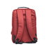 A red backpack with padded back and straps, featuring a simple design and a branding logo.