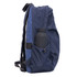 A navy blue backpack with a side pocket containing a drink bottle. It features shoulder straps and a logo.