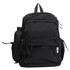 A black backpack with multiple compartments and a side pocket for a drink bottle. It features a logo on the front.