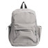 A grey backpack featuring multiple compartments and a side pocket, complete with a coordinating handle and branding.