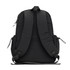 A black backpack with padded shoulder straps and side pockets, featuring a logo.