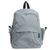 A grey backpack featuring multiple pockets and a logo. It has adjustable straps and a sturdy top handle.
