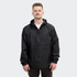 A black windbreaker jacket with a hood, featuring a front zip and elasticated cuffs, worn by a man.