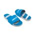 Bright blue slides featuring a wide strap and a white branding logo, set on a light grey sole.