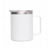 A white coffee mug with a stainless steel lid and handle. It features a logo on its surface.