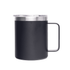 A coffee mug in matte black with a stainless steel lid and handle. It has a logo on the side.