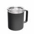 A coffee mug with a black exterior, transparent lid, and a sturdy handle, featuring a logo.