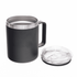 A black 350ml coffee mug with a stainless steel rim and a clear lid. The mug has a sturdy handle and a branding logo.