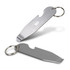 A stainless steel key ring bottle and paint tin opener with a simple design and a logo.