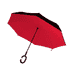 A red and black inverted umbrella featuring a curved handle and a sleek design, with a logo present on the fabric.