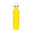 A drink bottle in bright yellow with a metal lid, featuring a sleek, cylindrical design and a logo.