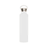 A drink bottle in matte white with a stainless steel lid and bamboo accent, featuring a carrying loop.