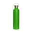 A drink bottle in bright green with a stainless steel top and bamboo lid. Features a logo.