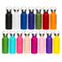 A drink bottle collection featuring various colours: black, white, blue, green, red, orange, pink, and purple, with metal lids.