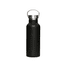 A drink bottle in black with a stainless steel lid and handle, featuring a logo. Suitable for beverages.
