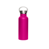 A drink bottle in vibrant pink with a metal lid and a handle. Features a logo on the surface.