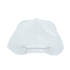 A white cotton cap featuring a Velcro closure and a branded logo on the back.