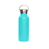 A drink bottle in vibrant turquoise with a stainless steel base and a bamboo lid. Includes a metal handle and branding.