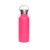 A drink bottle with a bright pink finish and a bamboo lid, featuring a metal cap and a handle.