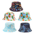 A collection of five bucket hats featuring vibrant patterns, including butterflies, pineapples, and abstract designs in blue and black.