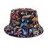 A colourful bucket hat featuring vibrant mushroom patterns on a black background. It has a wide brim and an internal logo.