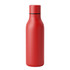 A drink bottle in vibrant red, featuring a sleek design and a black band around the neck. It has a logo on the side.