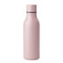 A drink bottle in a soft pink colour with a sleek design and a black band near the top. It features a logo.