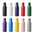 A drink bottle collection featuring black, white, navy, red, green, purple, blue, yellow, pink, and grey designs. Each bottle has a logo.