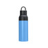 A drink bottle featuring a light blue body and a black lid, with a handle for easy carrying.