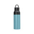 A drink bottle in a light blue colour with a black twist lid and a handle, featuring a logo.