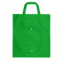 A green foldable non-woven shopping bag with two handles and a front pocket. It has a logo on the front.