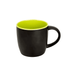 A coloured coffee mug featuring a matte black exterior and a bright green interior. Logo present on the mug.