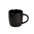 A black coffee mug with a blue rim and a handle, featuring a smooth finish and a glossy interior.