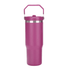 A drink bottle in a vibrant pink colour with a silver band and a handle for easy carrying. It features a logo.
