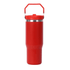 A drink bottle in vibrant red with a stainless steel band and a handle for easy carrying. It has a logo.