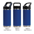 A drink bottle featuring a blue exterior with three lid options: straw handle, Tritan, and sipper handle.