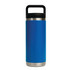 A drink bottle featuring a blue exterior, stainless steel base, and a black lid with a handle. It includes a logo.