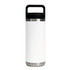 A drink bottle in white with a stainless steel base and a black Tritan lid. Features a handle and a branding logo.