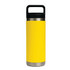 A drink bottle in bright yellow with a stainless steel base and a black Tritan lid, featuring a handle and logo.