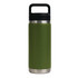 A drink bottle in olive green with a silver base and a black Tritan lid, featuring a handle and a logo.