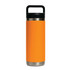 A drink bottle in vibrant orange with a stainless steel base and a black Tritan lid, featuring a logo.