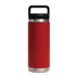 A drink bottle in red with a stainless steel base and a black Tritan lid, featuring a handle and logo.
