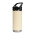 A drink bottle in cream colour with a stainless steel base and a sipper handle lid. It features a logo.