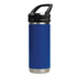 A drink bottle in blue with a stainless steel base and a black sipper handle lid, featuring a logo.
