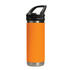 A drink bottle in vibrant orange with a stainless steel base and a sipper handle lid. It features a logo on the side.